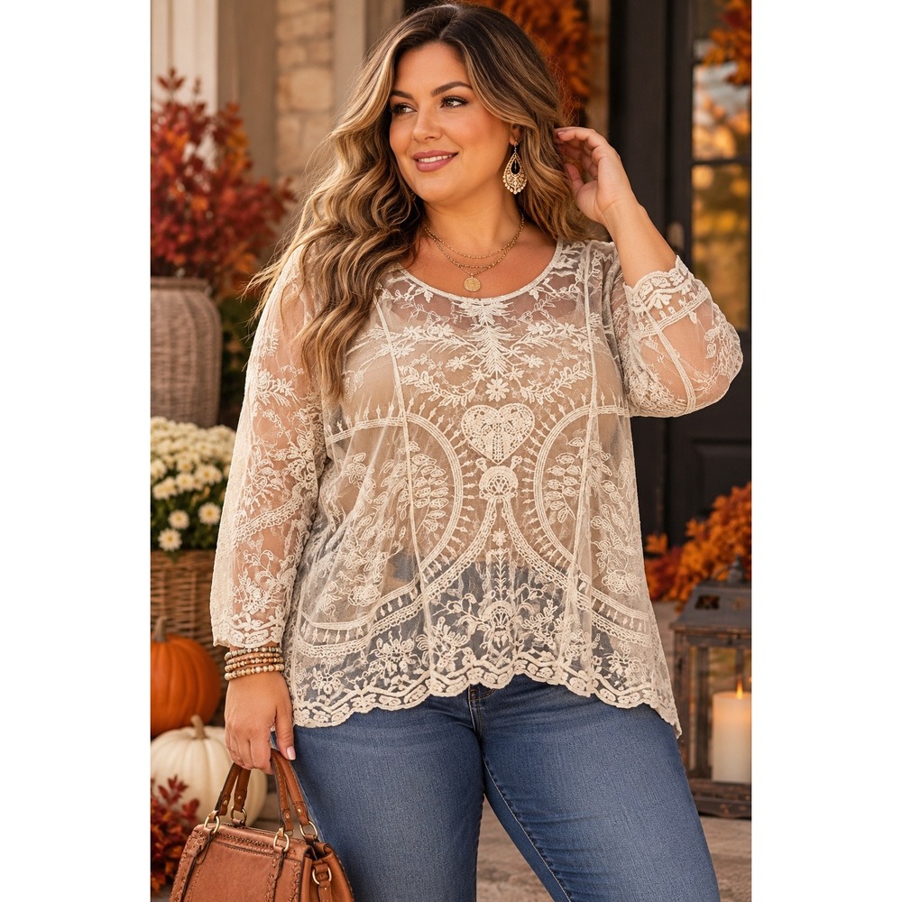 Women Size 18/20W Ivory Embroidered Lace Sheer Boho Cottagecore Tunic Top